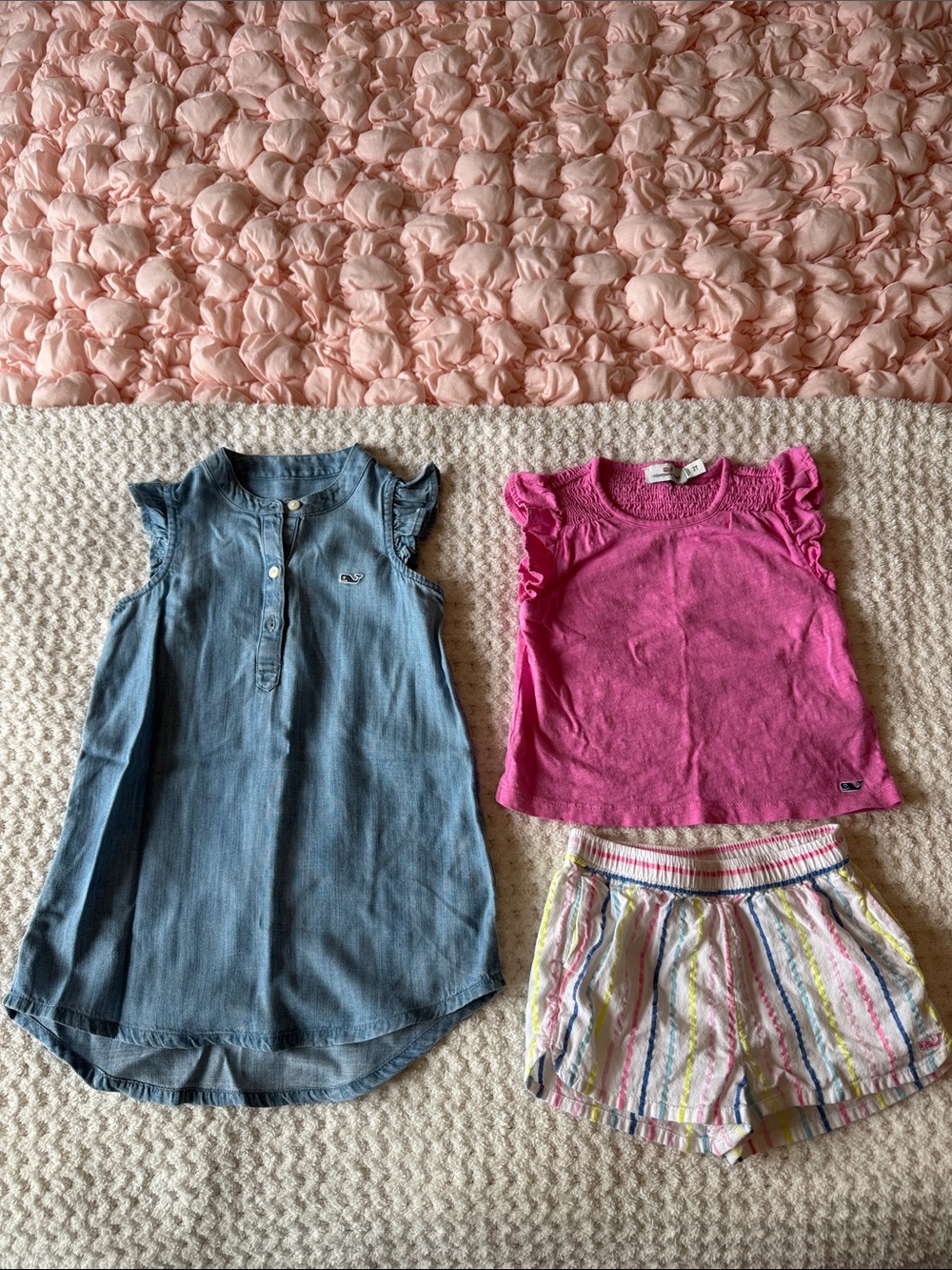 Vineyard Vines Girls Pink Ruffle Sleeve Tank & Blue Chambray Dress Set